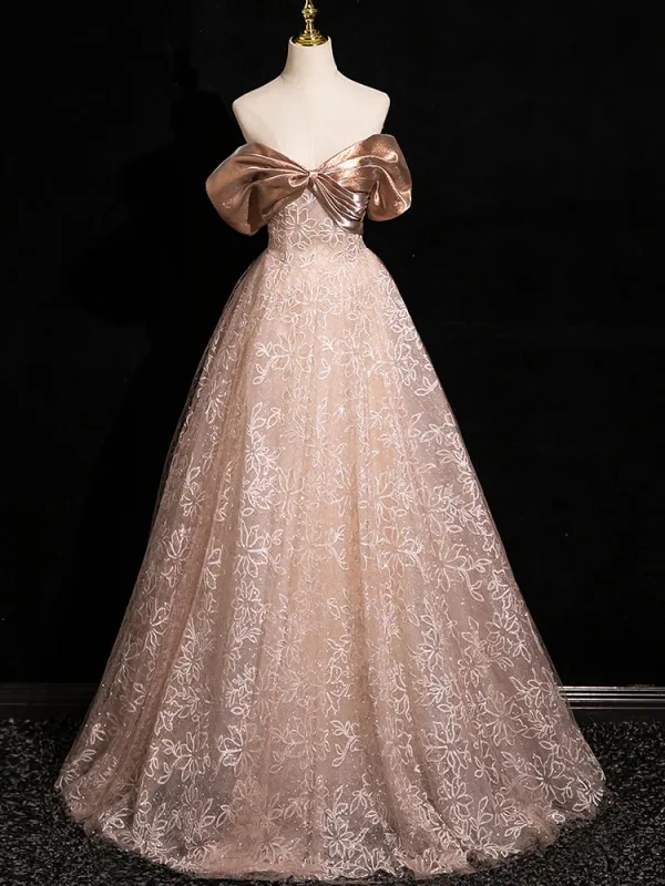 Charming Champagne Sequins Prom Dresses 2024 Ball Gown Off-The-Shoulder Short Sleeve Backless Floor-Length / Long Prom Formal Dresses
