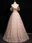 Charming Champagne Sequins Prom Dresses 2024 Ball Gown Off-The-Shoulder Short Sleeve Backless Floor-Length / Long Prom Formal Dresses