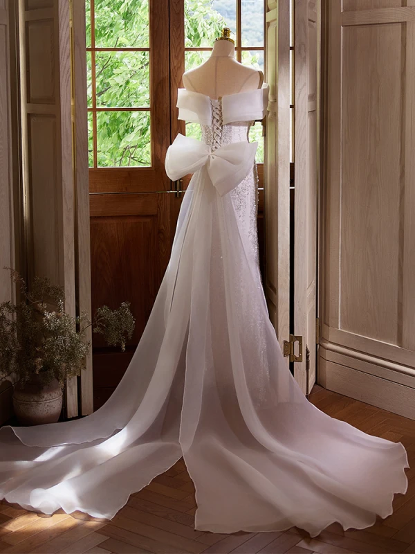 Charmant Blanche Perlage Paillettes Robe De Soirée 2024 Trompette / Sirène De l'épaule Sans Manches Dos Nu Noeud Longue Soirée Robe De Ceremonie