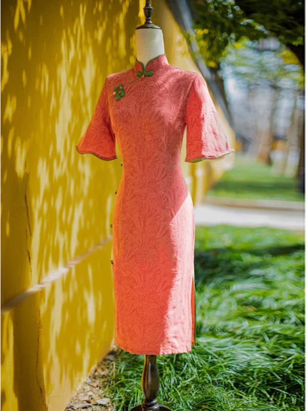 Chinese style Watermelon Tea-length Prom Cheongsam 2024 Trumpet / Mermaid High Neck Bell sleeves