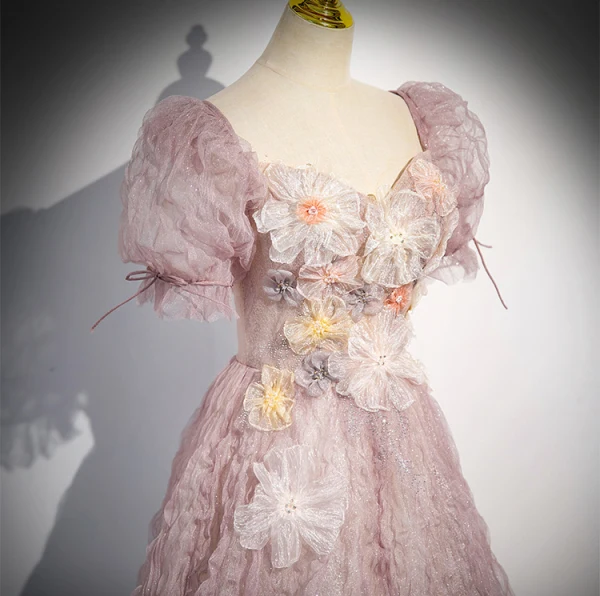 Chic / Belle Rougissant Rose Glitter Appliques Volants Robe De Bal 2024 Princesse Encolure Carrée Manches Courtes Dos Nu Longue Promo Robe De Ceremonie