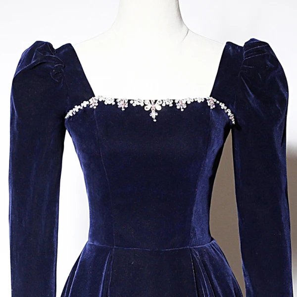 Vintage / Retro Navy Blue Suede Evening Dresses 2023 A-Line / Princess Square Neckline Long Sleeve Backless Bow Floor-Length / Long Evening Party Formal Dresses