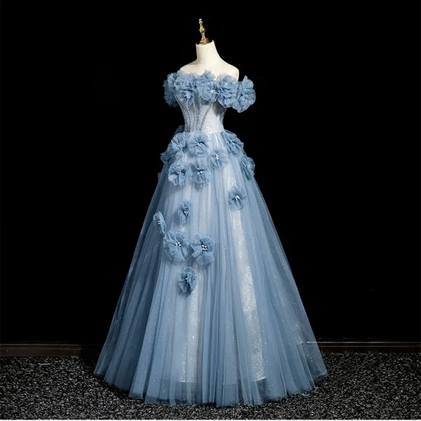 Chic / Beautiful Sky Blue Appliques Rhinestone Prom Dresses 2025 A-Line / Princess Off-The-Shoulder Short Sleeve Backless Floor-Length / Long Prom Formal Dresses