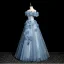 Chic / Beautiful Sky Blue Appliques Rhinestone Prom Dresses 2025 A-Line / Princess Off-The-Shoulder Short Sleeve Backless Floor-Length / Long Prom Formal Dresses