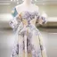 Chic / Beautiful Lavender Printing Prom Dresses 2025 A-Line / Princess Off-The-Shoulder Short Sleeve Backless Floor-Length / Long Prom Formal Dresses