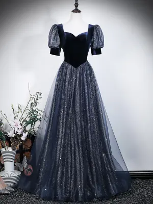 Vintage Retro Navy Blue Sequins Prom Dresses 2026 A Line Princess Square Neckline Short Sleeve Backless