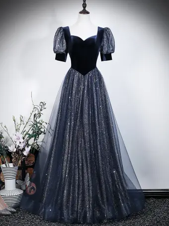Vintage Marino Oscuro Lentejuelas Vestidos De Gala 2026 A Line Princess Escote Cuadrado Manga Corta Sin Espalda