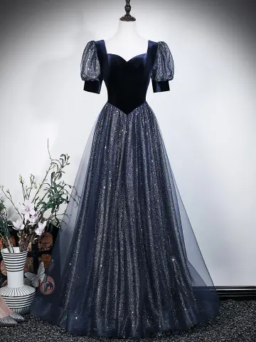 Vintage Marineblau Pailletten Ballkleider 2026 A Linie Eckiger Ausschnitt Kurze Ärmel Rückenfreies