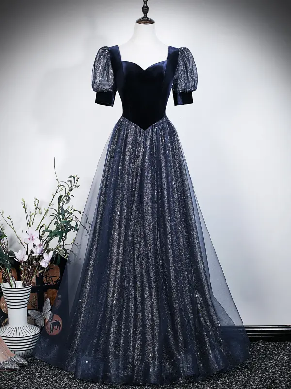 Vintage / Retro Navy Blue Sequins Prom Dresses 2026 A-Line / Princess Square Neckline Short Sleeve Backless