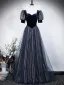 Vintage / Retro Navy Blue Sequins Prom Dresses 2026 A-Line / Princess Square Neckline Short Sleeve Backless