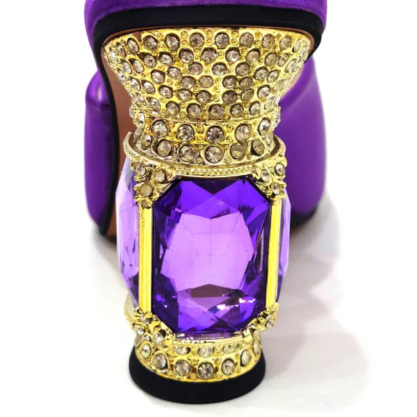 Chic / Beautiful Rhinestone Satin Purple Prom Womens Sandals Clutch Bags 2023 9 cm Open / Peep Toe Crystal Thick Heels Sandals High Heels Clutch Bags
