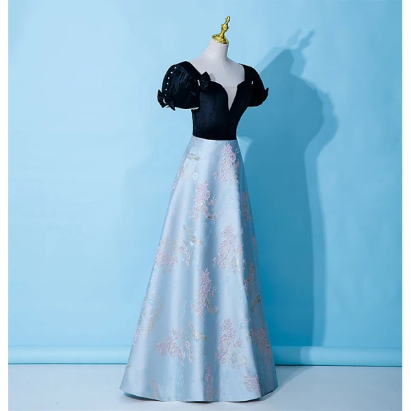 Audrey Hepburn Style Black Velour Evening Dresses 2023 A-Line / Princess Square Neckline Short Sleeve Backless Floor-Length / Long Evening Party Formal Dresses