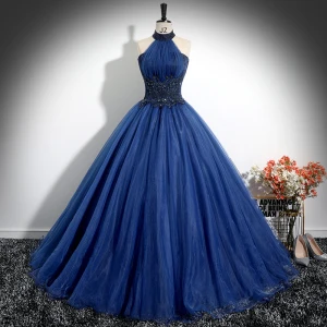 Vintage Mørk Marineblå Beading Blonder Blomst Ballkjoler 2024 Ballkjole Holder Uten Ermer Ryggløse Lange Ball Formelle Kjoler