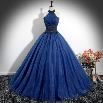 Vintage Retro Navy Blue Beading Lace Flower Prom Dresses 2024 Ball Gown Halter Sleeveless Backless Floor Length Long Prom Formal Dresses