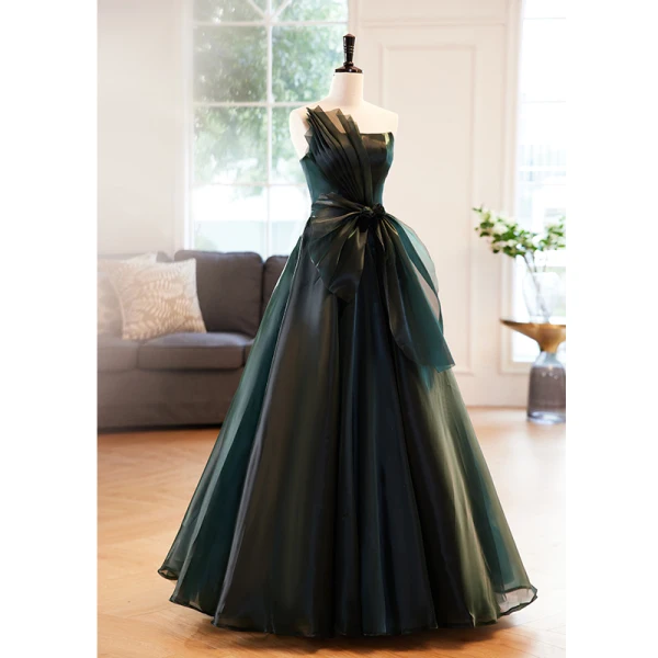 Fashion Dark Green Bow Prom Dresses 2023 A Line Princess Strapless  Sleeveless Backless Floor Length Long Prom Formal Dresses