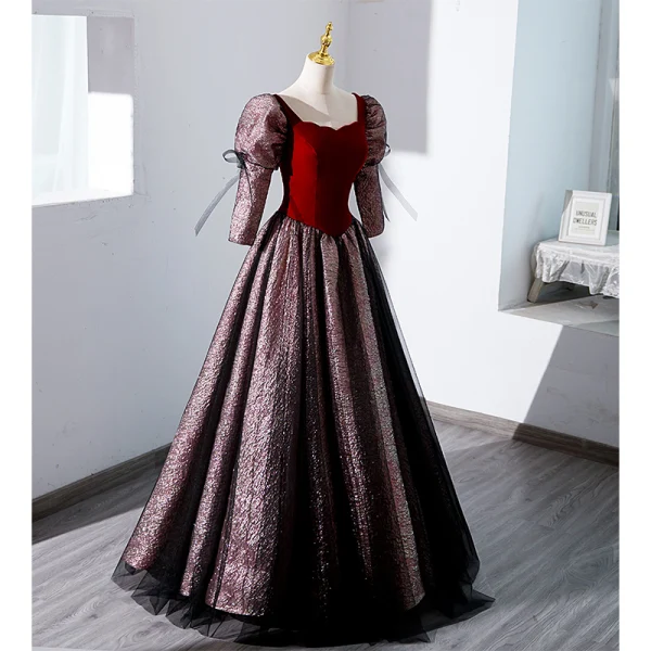 Élégant Bordeaux Paillettes Robe De Bal 2023 Princesse Encolure Carrée 1/2 Manches Noeud Dos Nu Longue Promo Robe De Ceremonie
