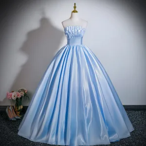 Elegant Sky Blue Satin Prom Dresses 2026 Ball Gown Strapless Sleeveless Backless Bow Floor Length Long Formal Dresses