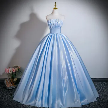 Elegant Sky Blue Satin Prom Dresses 2026 Ball Gown Strapless Sleeveless Backless Bow Floor Length Long Formal Dresses