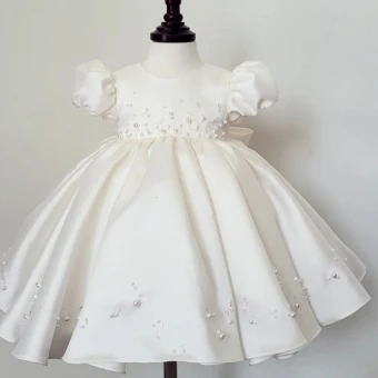 Moda Blanco Rebordear Perla Boda Vestidos Para Niñas 2023 Ball Gown Scoop Escote Manga Corta Bowknot Cortos