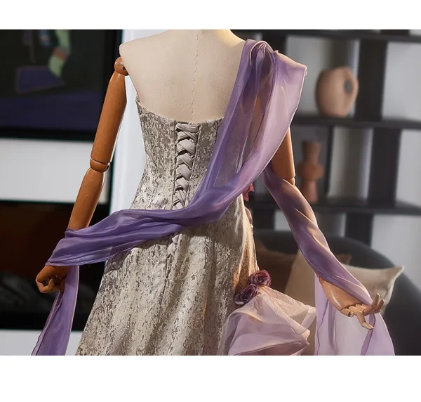 Chinese style Champagne Appliques Printing Evening Dresses 2025 A-Line / Princess Strapless Sleeveless Backless Sweep Train Evening Party Formal Dresses