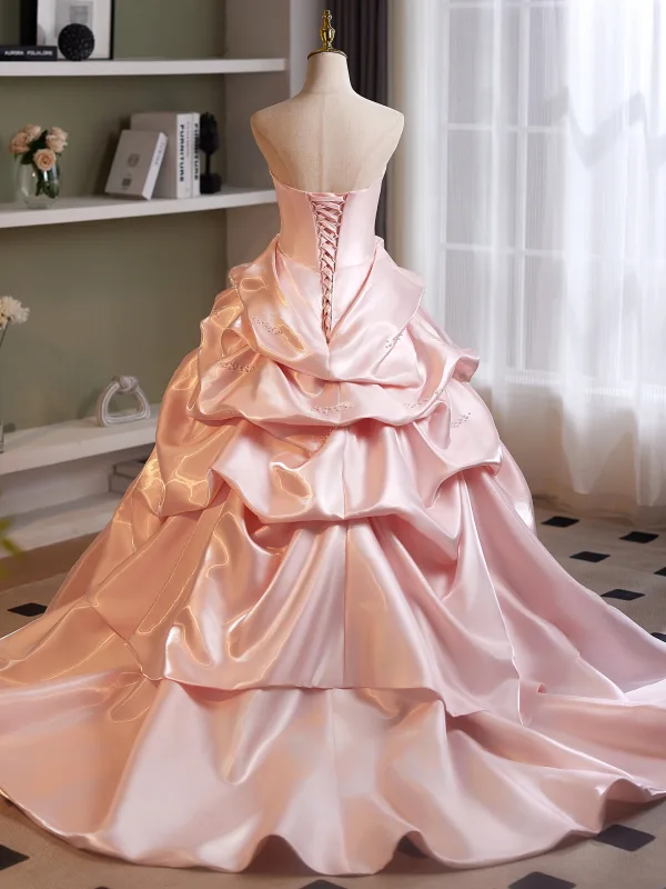 Elegant Candy Pink Pearl Cascading Ruffles Satin Prom Dresses 2026 Ball Gown Strapless Sleeveless Backless Sweep Train Formal Dresses
