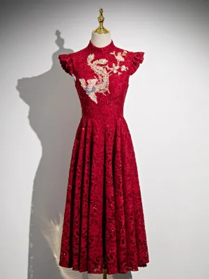 Style Chinois Bordeaux Perlage Paillettes En Dentelle Brodé Cheongsam 2024 Princesse Col Haut Mancherons Longue Promo
