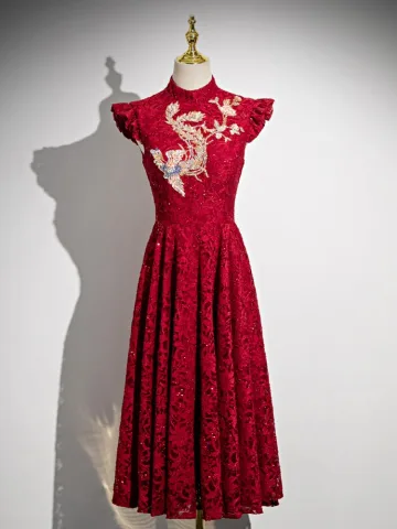 Chinese Style Burgundy Beading Sequins Lace Embroidered Cheongsam 2024 A Line Princess High Neck Cap Sleeves Floor Length Long Prom
