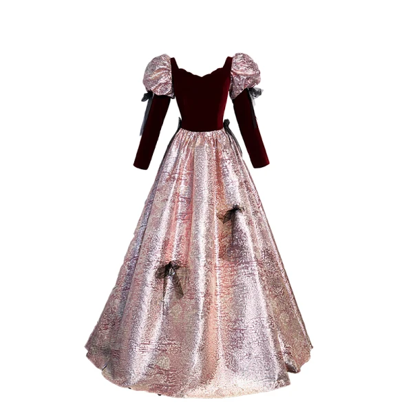 Elegant Burgundy Glitter Prom Dresses 2023 A-Line / Princess V-Neck Bow 3/4 Sleeve Backless Floor-Length / Long Prom Formal Dresses