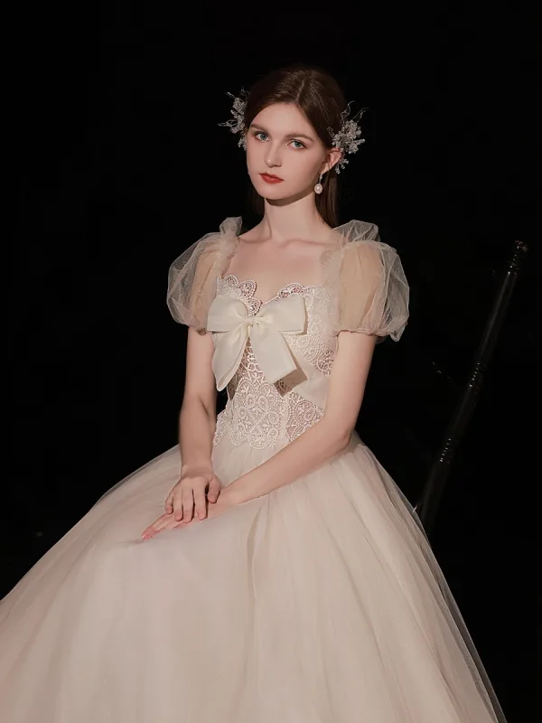 Lovely Ivory Lace Flower Prom Dresses 2022 A-Line / Princess Square Neckline Bow Puffy Short Sleeve Backless Floor-Length / Long Prom Formal Dresses