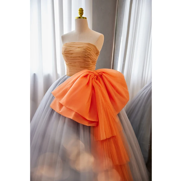Elegant Orange Beading Prom Dresses 2023 Ball Gown Strapless Sleeveless Backless Bow Floor-Length / Long Prom Formal Dresses