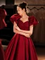 Chic / Beautiful Burgundy Satin Prom Dresses 2022 A-Line / Princess Square Neckline Puffy Short Sleeve Backless Floor-Length / Long Formal Dresses