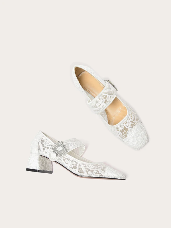 Vintage Weiß Spitze Brautschuhe 2024 5 cm Thick Heels Quadratische Zehe Hochzeit Pumps