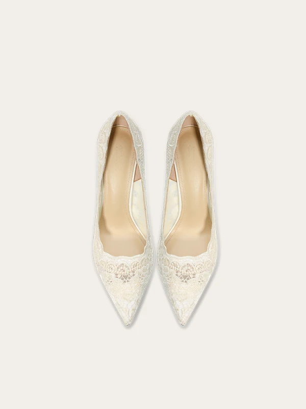Elegant Ivory Lace Flower Wedding Shoes 2024 Leather 10 cm Stiletto Heels Pointed Toe Wedding Pumps High Heels