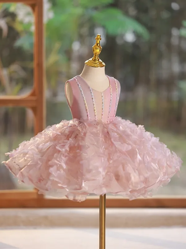 Lovely Blushing Pink Pearl Appliques Short Birthday Flower Girl Dresses 2024 Ball Gown Scoop Neck Sleeveless Backless