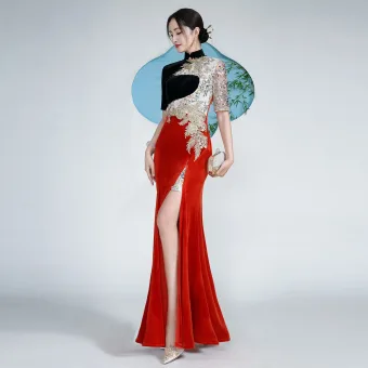Amazing Unique Chinese Style Burgundy Beading Sequins Lace Flower Velvet Split Front Cheongsam 2025 Trumpet Mermaid High Neck Short Sleeve Floor Length Long Evening Party