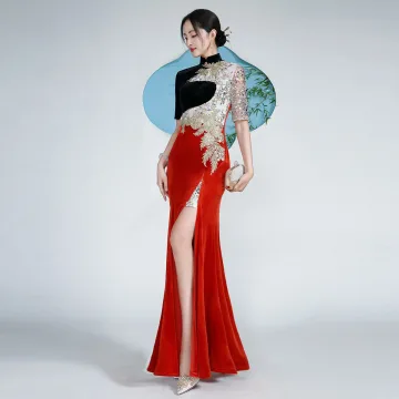 Unika Kinesisk Stil Burgundy Beading Paljetter Spets Blomma Sammet Slits Fram Cheongsam 2025 Trumpet Sjöjungfru Hög Hals Korta Ärm Långa Afton