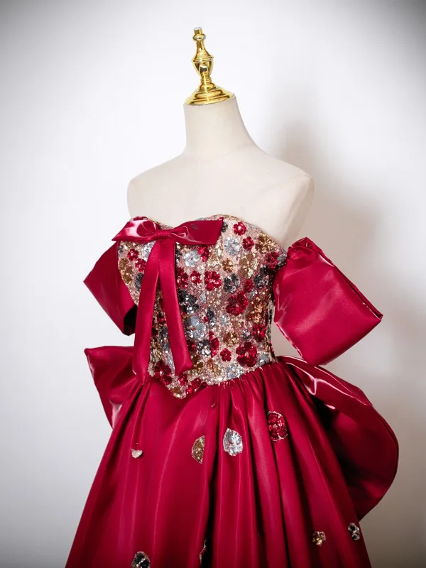 Chic / Beautiful Burgundy Sequins Prom Dresses 2025 A-Line / Princess Strapless Sleeveless Backless Bow Floor-Length / Long Formal Dresses