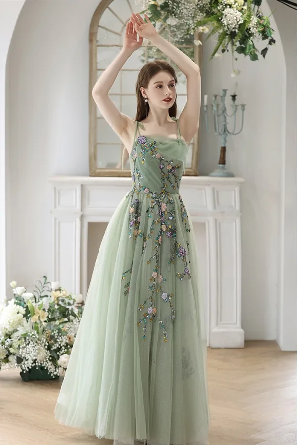 Chic / Beautiful Sage Green Beading Lace Flower Prom Dresses 2024 A-Line / Princess Spaghetti Straps Sleeveless Backless Floor-Length / Long Prom Formal Dresses