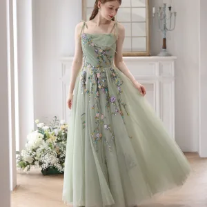 Chic Belle Vert Cendré Perlage En Dentelle Fleur Robe De Bal 2024 Princesse Bretelles Spaghetti Sans Manches Dos Nu Longue Promo Robe De Ceremonie