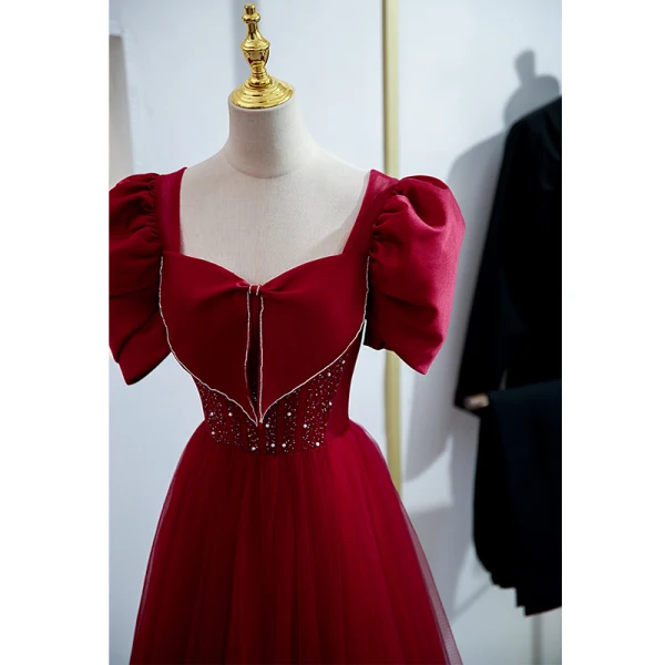 Elegant Burgundy Prom Dresses 2022 A-Line / Princess Square Neckline Puffy Short Sleeve Bow Pearl Floor-Length / Long Formal Dresses
