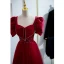 Elegant Burgundy Prom Dresses 2022 A-Line / Princess Square Neckline Puffy Short Sleeve Bow Pearl Floor-Length / Long Formal Dresses