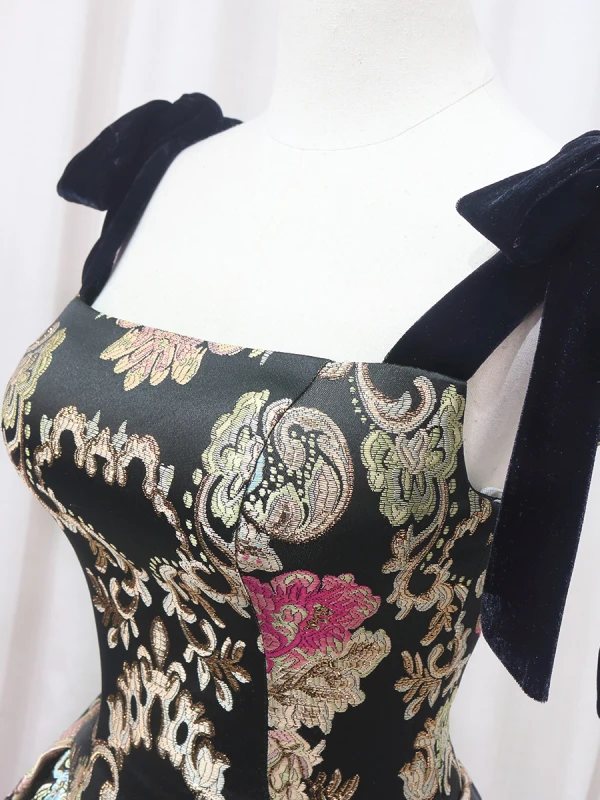 Vintage / Retro Black Printing Satin Prom Dresses 2024 Ball Gown Spaghetti Straps Sleeveless Backless Court Train Prom Formal Dresses