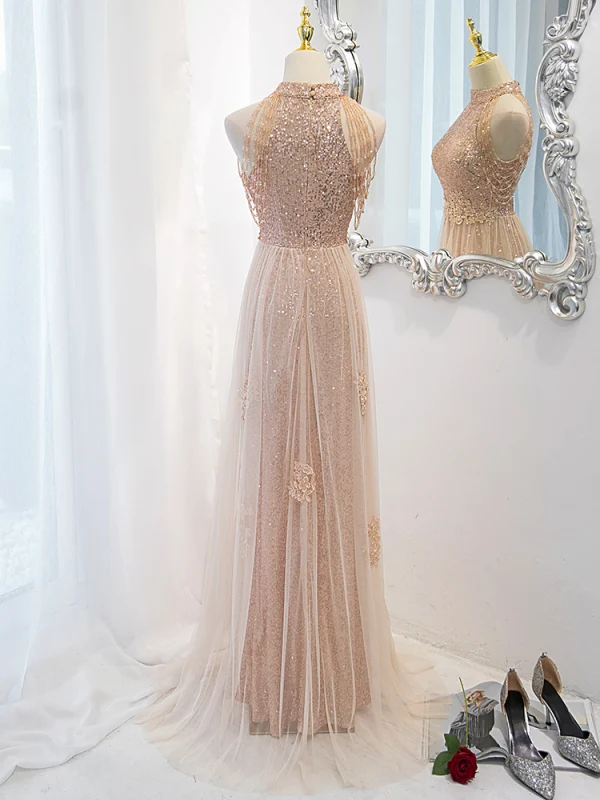 Sparkly Gold Beading Tassel Sequins Evening Dresses 2023 A-Line / Princess High Neck Sleeveless Backless Floor-Length / Long Evening Party Formal Dresses