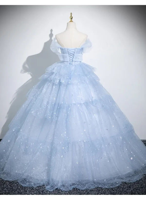 Bling Bling Sky Blue Glitter Sequins Prom Dresses 2025 Ball Gown Strapless Sleeveless Backless Floor-Length / Long Prom Formal Dresses