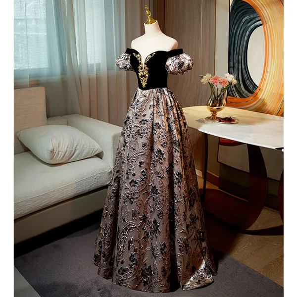 Chic / Beautiful Black Printing Prom Dresses 2022 A-Line / Princess Off-The-Shoulder Puffy Short Sleeve Backless Floor-Length / Long Formal Dresses