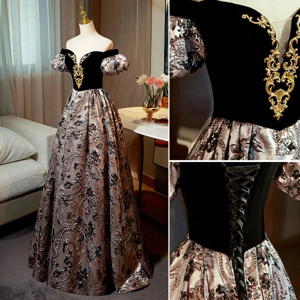 Chic / Beautiful Black Printing Prom Dresses 2022 A-Line / Princess Off-The-Shoulder Puffy Short Sleeve Backless Floor-Length / Long Formal Dresses