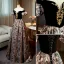 Chic / Beautiful Black Printing Prom Dresses 2022 A-Line / Princess Off-The-Shoulder Puffy Short Sleeve Backless Floor-Length / Long Formal Dresses