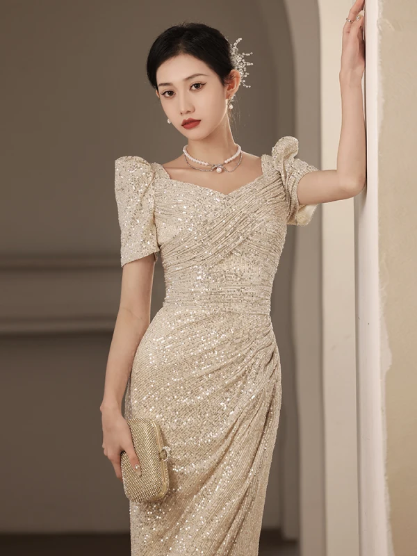 Scintillantes Doré Paillettes Robe De Soirée 2023 Trompette / Sirène Encolure Carrée Manches Courtes Dos Nu Longue Soirée Robe De Ceremonie
