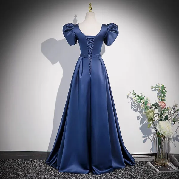 Vintage / Retro Ocean Blue Satin Prom Dresses 2023 A-Line / Princess Square Neckline Puffy Short Sleeve Backless Floor-Length / Long Prom Formal Dresses