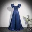 Vintage / Retro Ocean Blue Satin Prom Dresses 2023 A-Line / Princess Square Neckline Puffy Short Sleeve Backless Floor-Length / Long Prom Formal Dresses